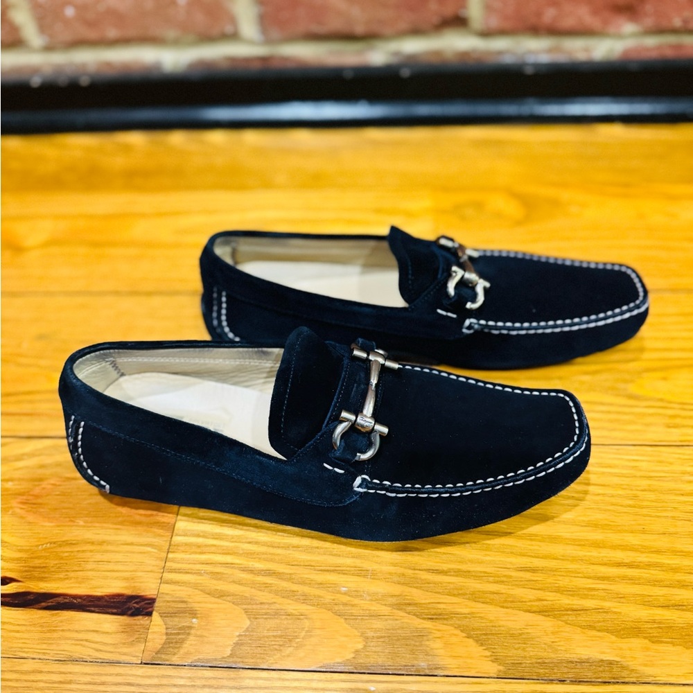 Salvatore Ferragamo Dusk Buc (Navy) Suede Drivers with Silver Hardware